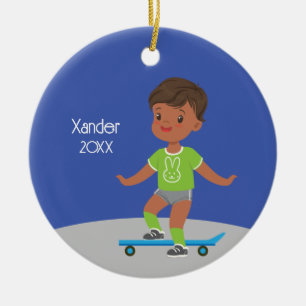 Cute Black Boy Skateboard Ceramic Ornament