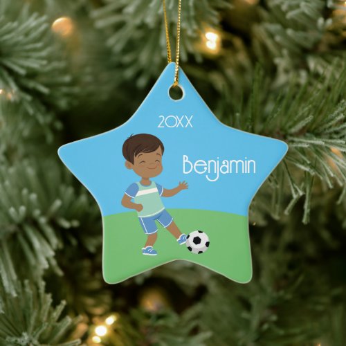 Cute Black Boy Soccer Player Ceramic Ornament