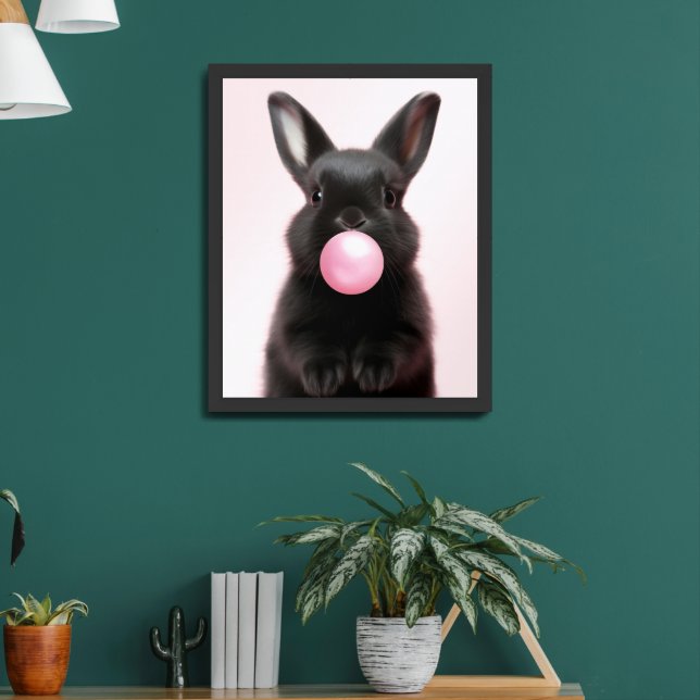 Cute Black Bunny Blowing Pink Bubble Gum  Framed Art (Living Room 2)
