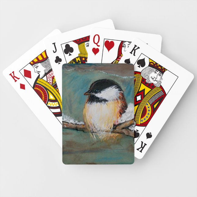 Cute Black Capped Chickadee Bird Winter Painting Poker Cards (Cute Chickadee Bird Art playing cards from Jenn's Emporium. )