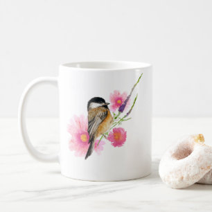 Cute Black Capped Chickadee Flowers Watercolor Coffee Mug