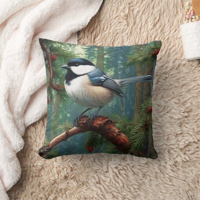 Cute Black-Capped Chickadee Throw Pillow (Blanket)