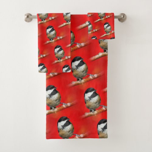 Cute Black_Capped Chickadee with Red Autumn Leaves Bath Towel Set