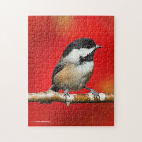 Cute Black_Capped Chickadee with Red Autumn Leaves Jigsaw Puzzle