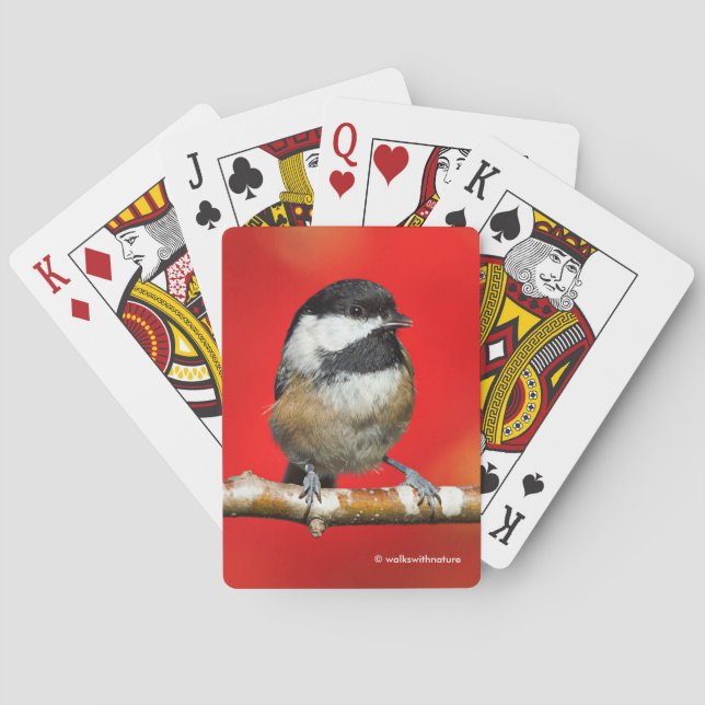 Cute Black-Capped Chickadee with Red Autumn Leaves Poker Cards (Back)