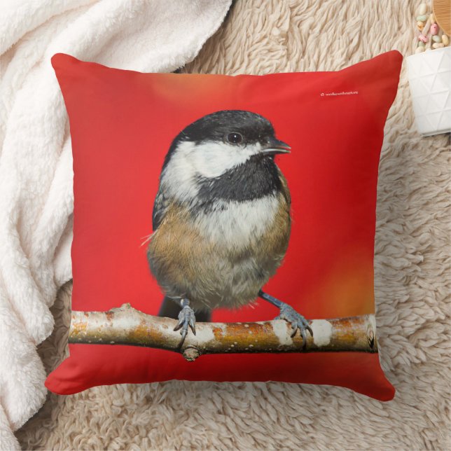Cute Black-Capped Chickadee with Red Autumn Leaves Throw Pillow (Blanket)