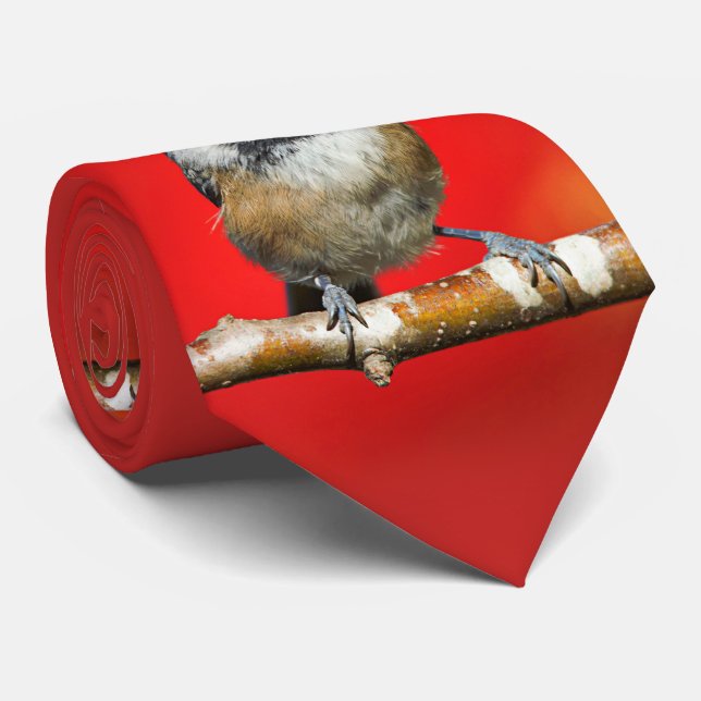 Cute Black-Capped Chickadee with Red Autumn Leaves Tie (Rolled)