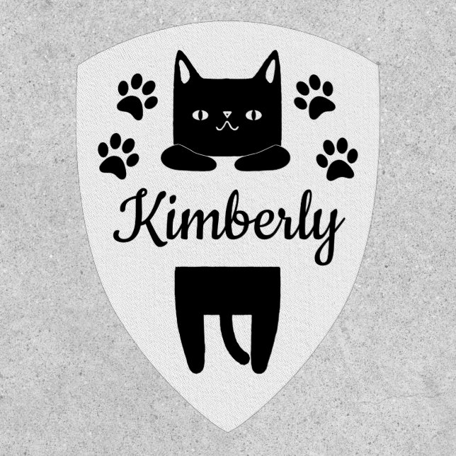 Cute black cartoon cat and paw prints with name patch (Front)