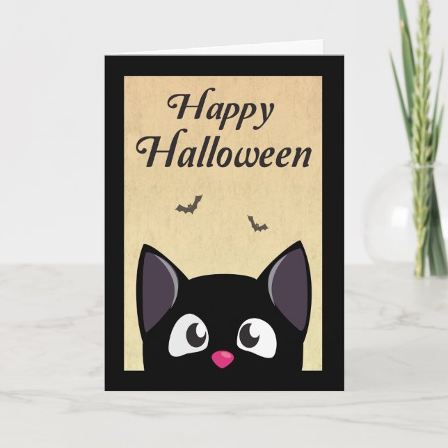 Cute Black Cartoon Cat for Halloween Card (Front)