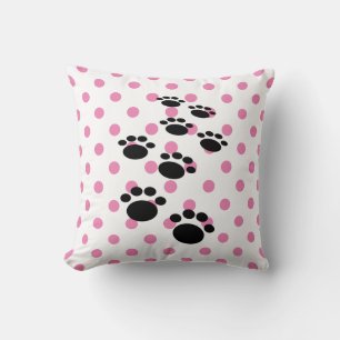 Cute Black Cartoon Pet Paws And Polka Dots Throw Pillow