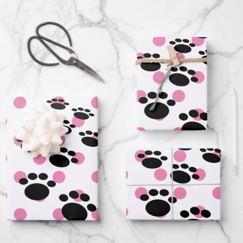 Cute Black Cartoon Pet Paws And Polka Dots Wrapping Paper Sheets
