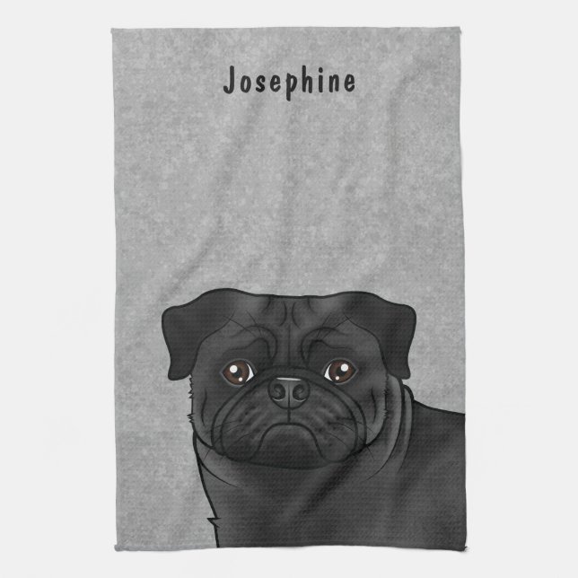 Cute Black Cartoon Pug Head Close-Up And Name Gray Kitchen Towel (Vertical)
