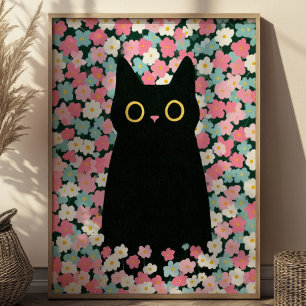 Cute Black Cat Among Colorful Daisies Funny Animal Poster