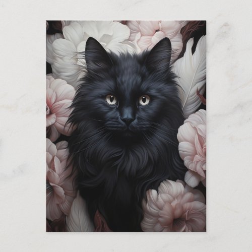 Cute Black Cat Among Flowers Postcard