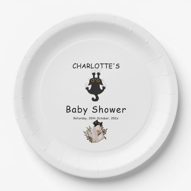 Cute Black Cat and Book Baby Shower Paper Plates (Front)