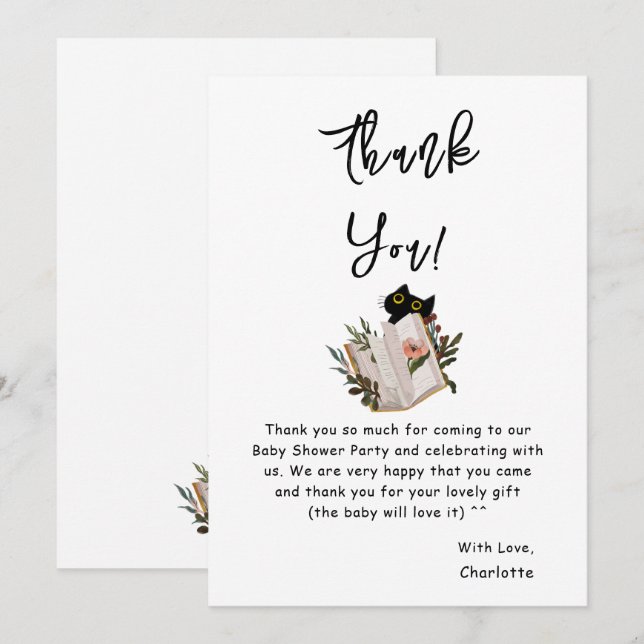 Cute Black Cat and Book Baby Shower Thank You Card (Front/Back)