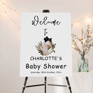 Cute Black Cat and Book Baby Shower Welcome Sign