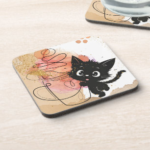 Cute black cat and Coffee, creamy colors on Beverage Coaster