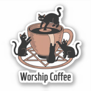 Cute Black Cat And Coffee, Worship Coffee Kittens Sticker
