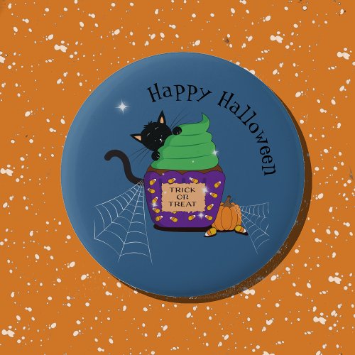 Cute Black Cat and Cupcake Blue Halloween Button