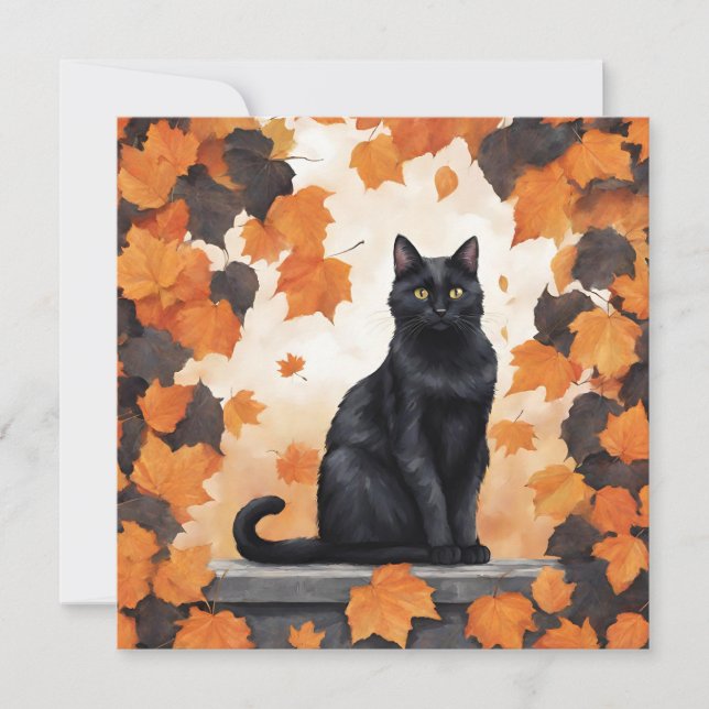 Cute Black Cat and Falling Autumn Leaves Card (Front)