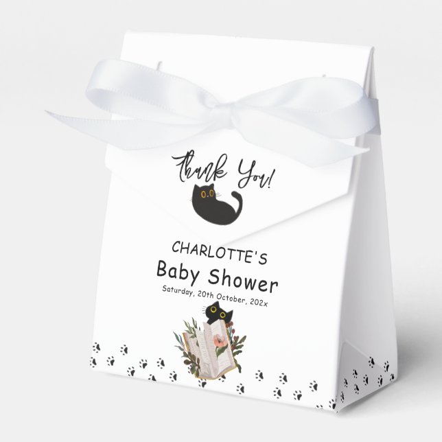 Cute Black Cat and Floral Book Baby Shower Favor Boxes (Front Side)