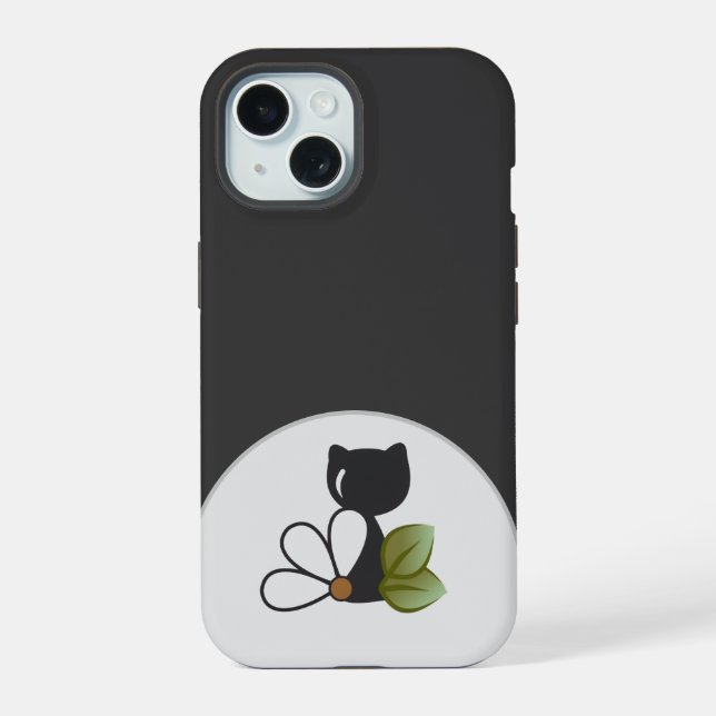Cute Black Cat and flower – Personalized iPhone 15 Case (Back)
