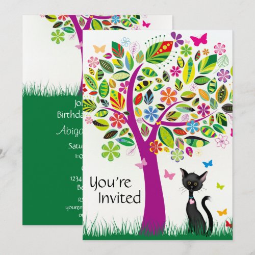 Cute Black Cat and Flower Tree Birthday Invitation