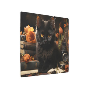 Cute Black Cat and Flowers Metal Print
