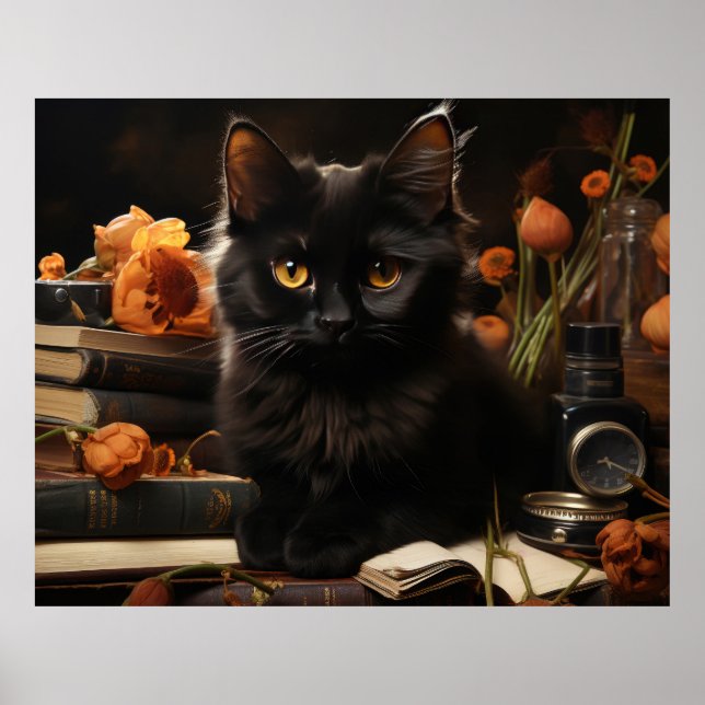 Cute Black Cat and Flowers Poster (Front)