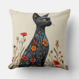 Cute black cat and flowers throw pillow