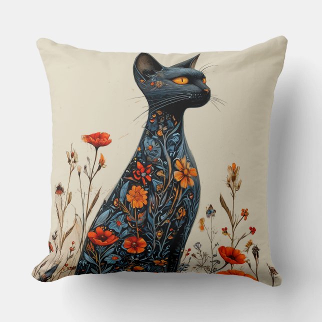 Cute black cat and flowers throw pillow (Front)