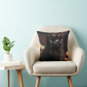 Cute Black Cat and Flowers Throw Pillow