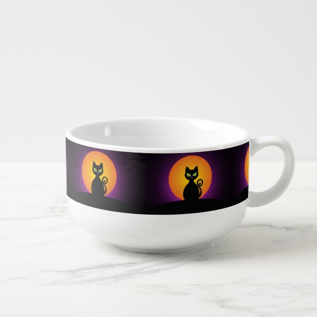 Cute Black Cat and Full Moon Soup Mug (Left)
