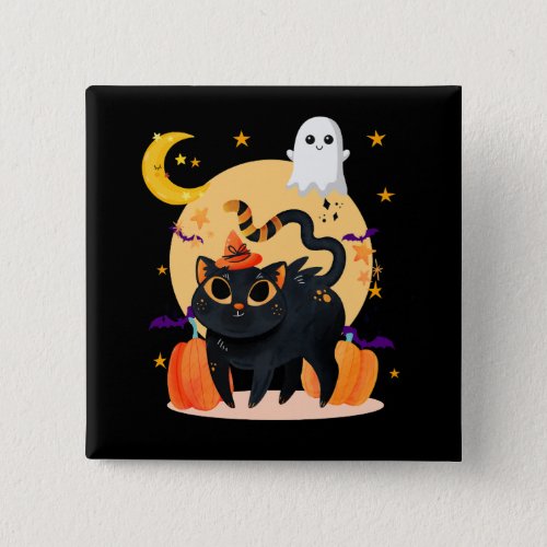 Cute Black Cat and Ghost Halloween  Button