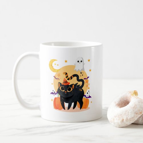 Cute Black Cat and Ghost Halloween Ceramic Mug