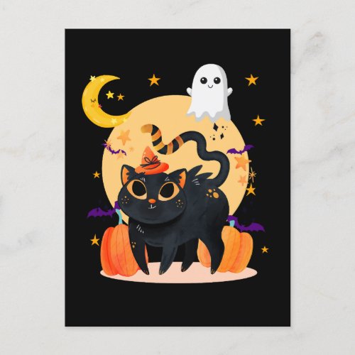 Cute Black Cat and Ghost Halloween  Postcard