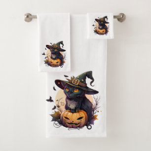 Cute Black Cat and Jack-o-lantern Bath Towel Set