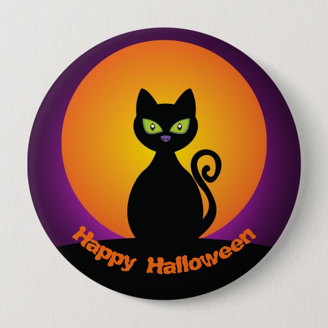 Cute Black Cat and Orange Moon Button (Front)
