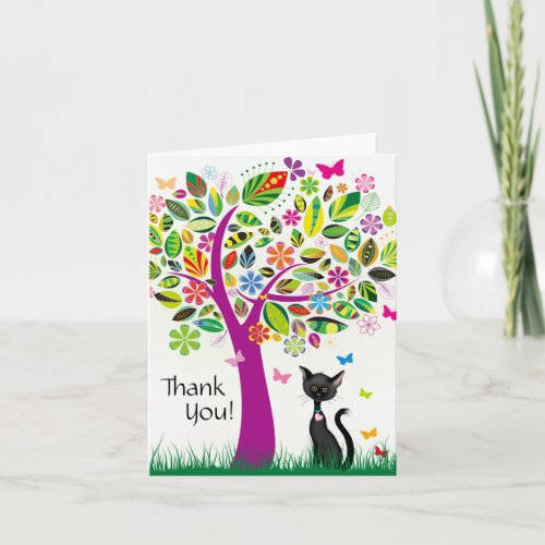 Cute Black Cat and Pretty Flower Tree Thank You Card
