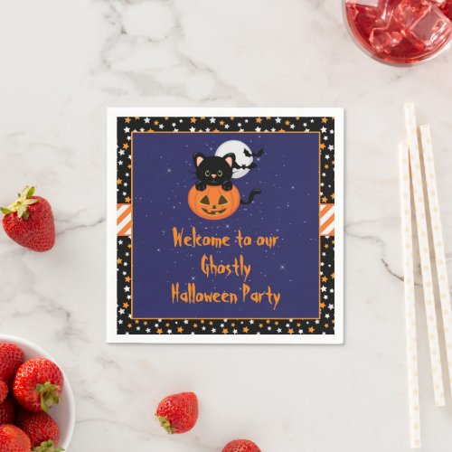 Cute Black Cat and Pumpkin Halloween Party Napkins