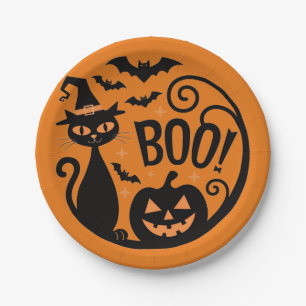 Cute Black Cat and Pumpkin Halloween Party Paper Plates