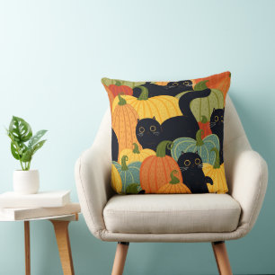 Cute Black Cat and Pumpkin Halloween Seamless Throw Pillow