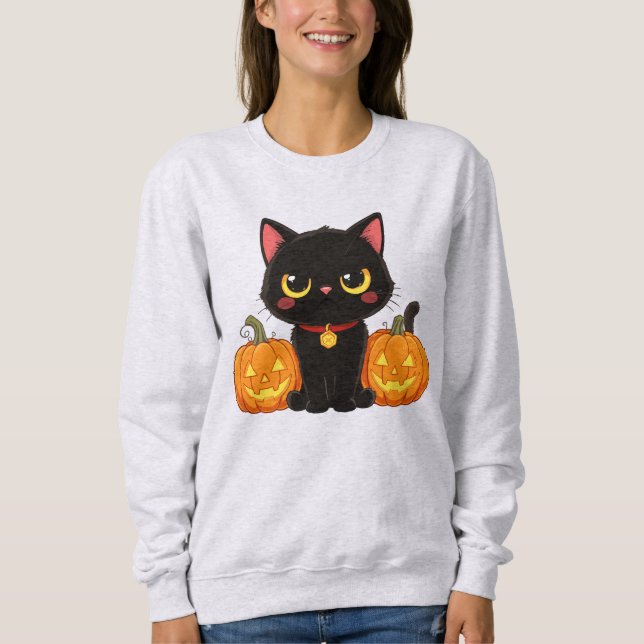 Cute Black Cat and Pumpkins Halloween Sweatshirt (Front)