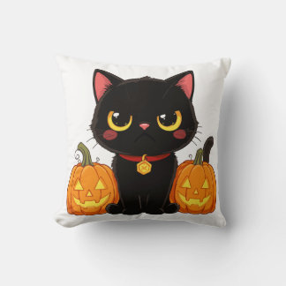 Cute Black Cat and Pumpkins Halloween Throw Pillow