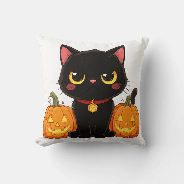 Cute Black Cat and Pumpkins Halloween Throw Pillow (Front)