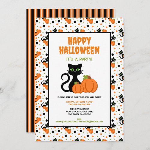 Cute Black Cat and Pumpkins Happy Halloween Invitation