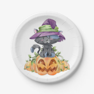 Cute Black Cat and Pumpkins Paper Plates