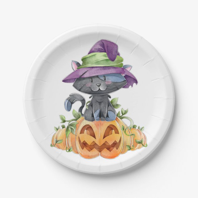 Cute Black Cat and Pumpkins Paper Plates (Front)