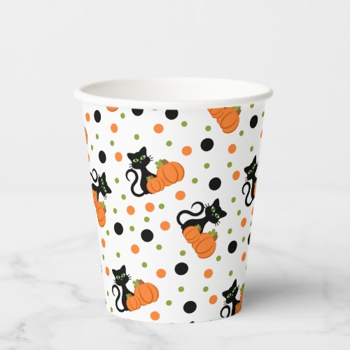 Cute Black Cat and Pumpkins with Polkadots Paper Cups